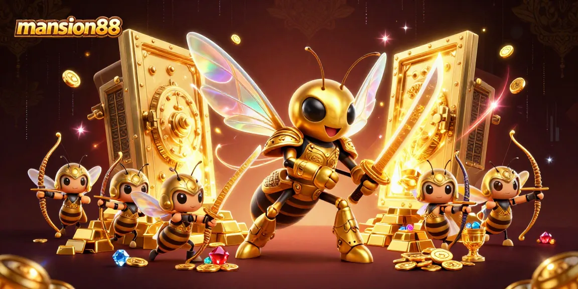 Experience thrilling moments at mansion88 with our vibrant 3D casino illustration featuring epic characters and gold treasures.