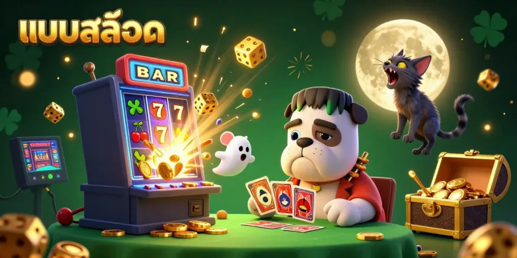 Engage with แบบสล็อต through a vibrant card game scene featuring dynamic characters and an explosive jackpot.