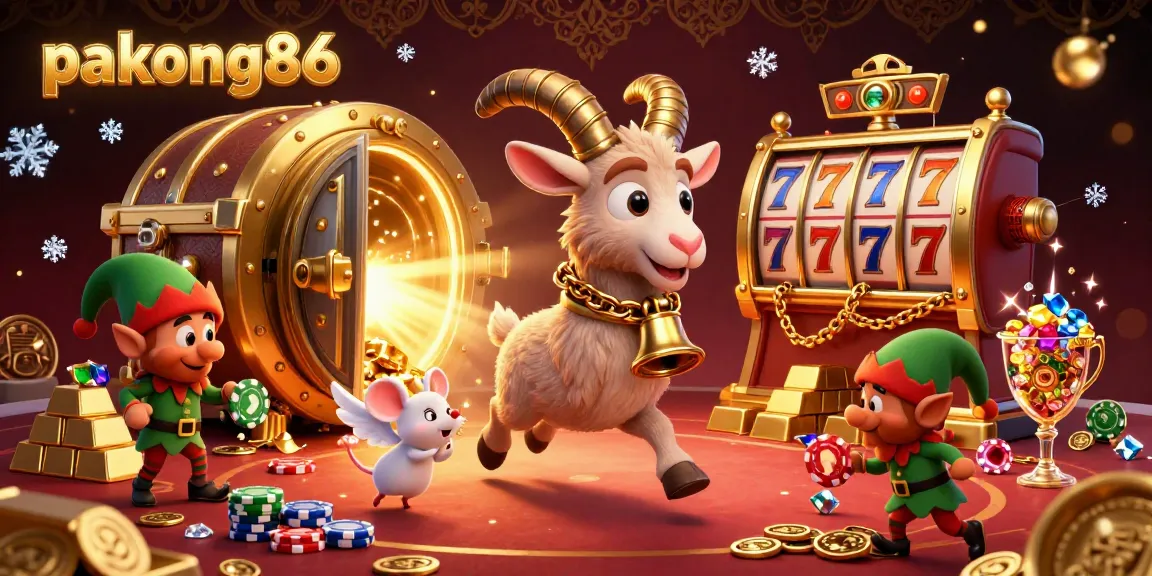 pakong86 features a festive casino scene with a Krampus goat, angel mouse, and mischievous gremlins amidst slots and gold treasures.