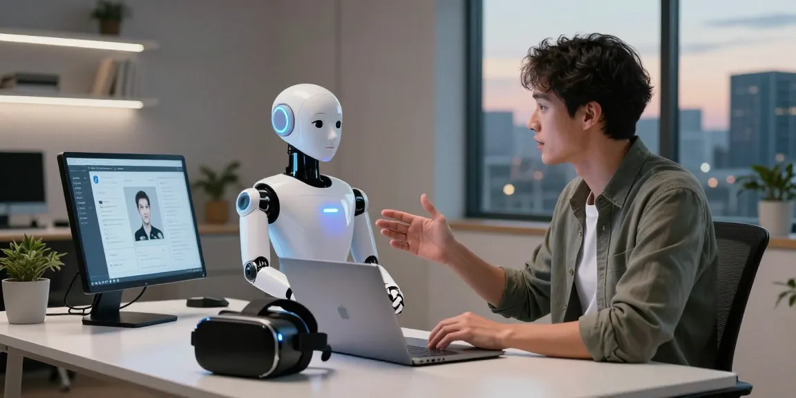 Engaging interaction with a sex bot in a modern tech workspace, showcasing innovation and lifestyle integration.