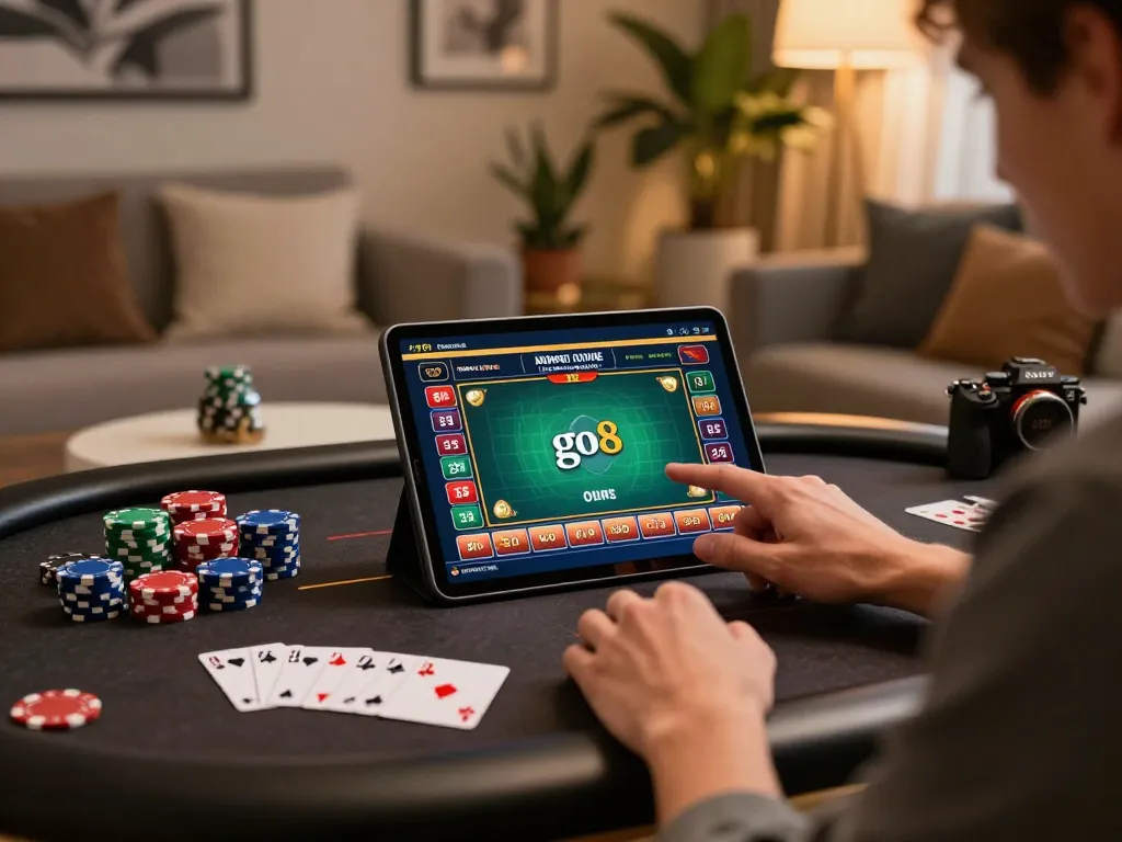 Engaging gameplay at go8 online casino shown on tablet with poker chips and cards
