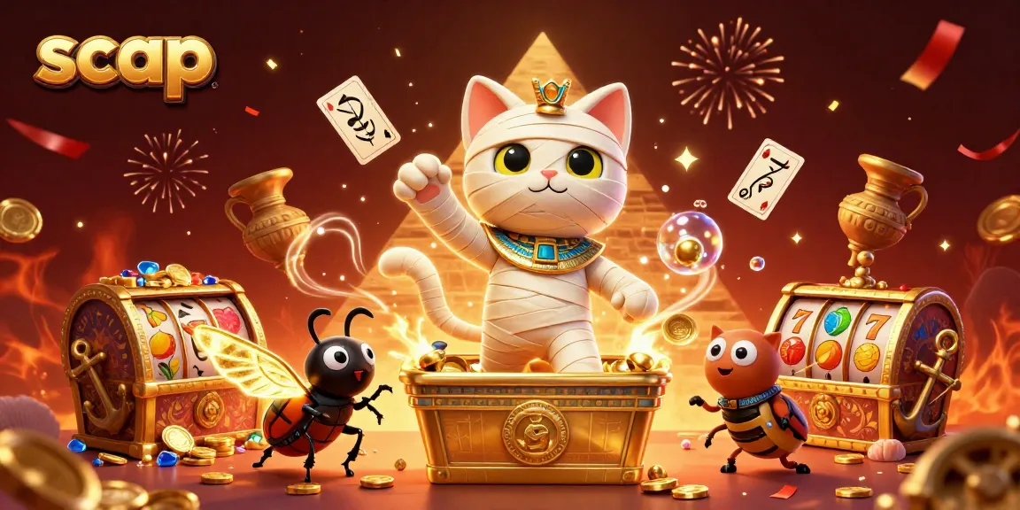 Engage with the scap casino adventure featuring a playful mummy cat and treasures in an artistic 3D scene.