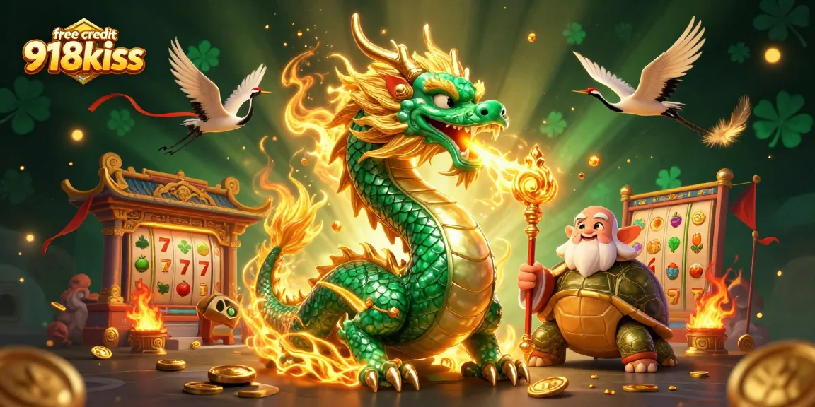 Engage in the excitement of free credit 918kiss with a vibrant 3D gaming scene featuring a jade dragon and lucky symbols.