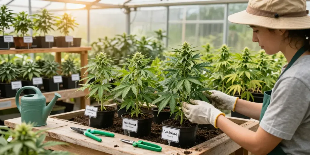 Gardener inspecting thriving feminised seeds plants in a vibrant greenhouse.