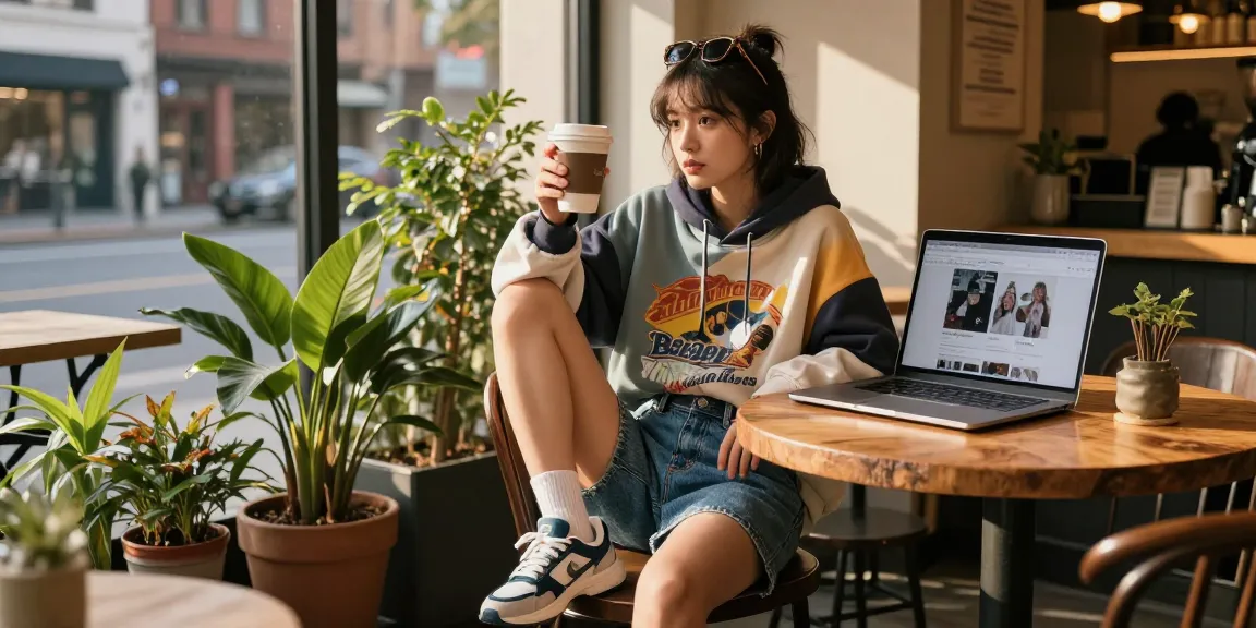 Stylish young adult at a cafe accessing https://shs-dome5.com/ on laptop, capturing modern urban fashion.