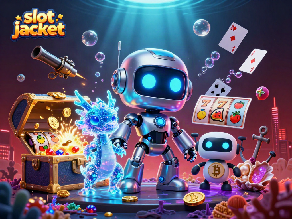 Engage with the slot jackpot excitement featuring a vibrant 3D illustration of a futuristic robot, dragon, bitcoin drone, and slot elements.