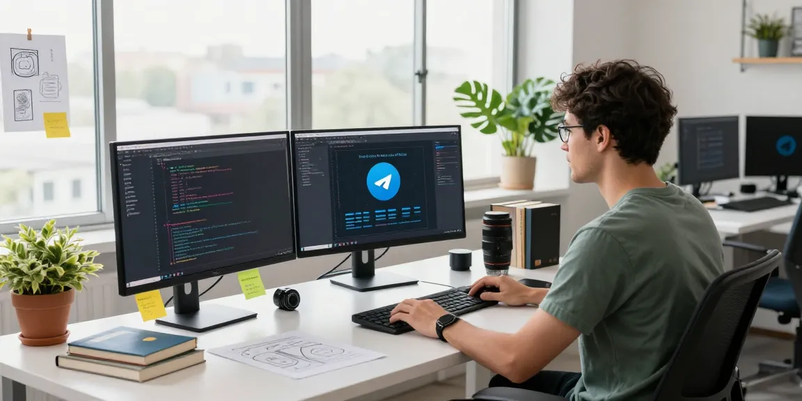 Developer coding Telegram application in a vibrant workspace with multiple screens and design elements, symbolizing innovation.