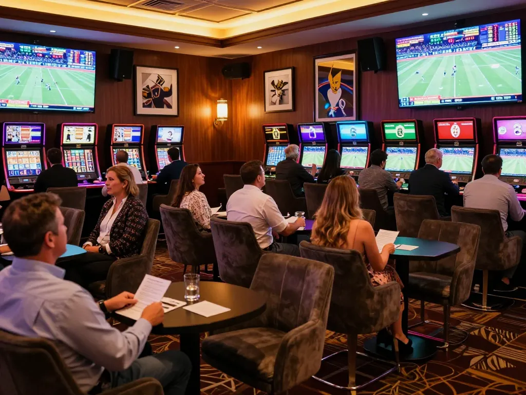 Exciting sports betting scene at 888NEW casino with patrons engaging in live events