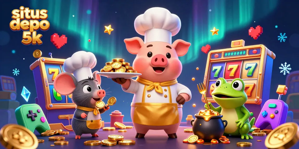 Engage with situs depo 5k in this vibrant illustration of winning, gourmet-style gold coins amidst slot machine elements.