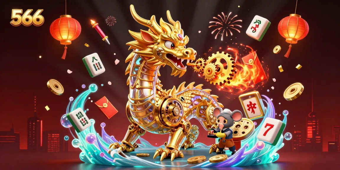 Engage in exciting gameplay at 566 with a vibrant 3D scene featuring a golden dragon and energetic slot reels.