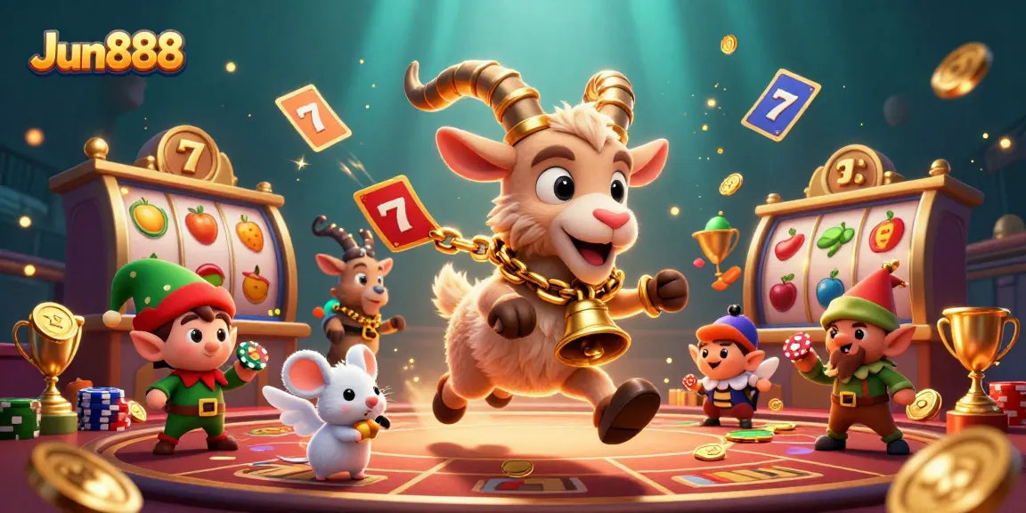 Play and win big at Jun888 casino with festive characters and playful gaming elements in a vibrant scene.