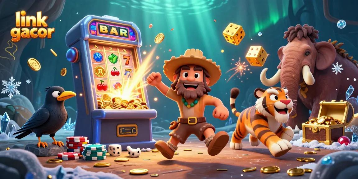 Win big with link gacor in this vibrant 3D casino scene featuring prehistoric characters and dynamic slot machine action.