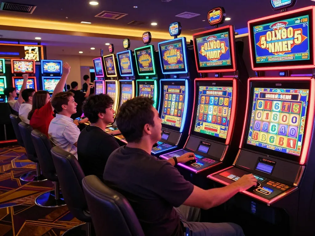 Players celebrate wins at slots while engaged in slot bet 200 in a vibrant casino floor atmosphere.