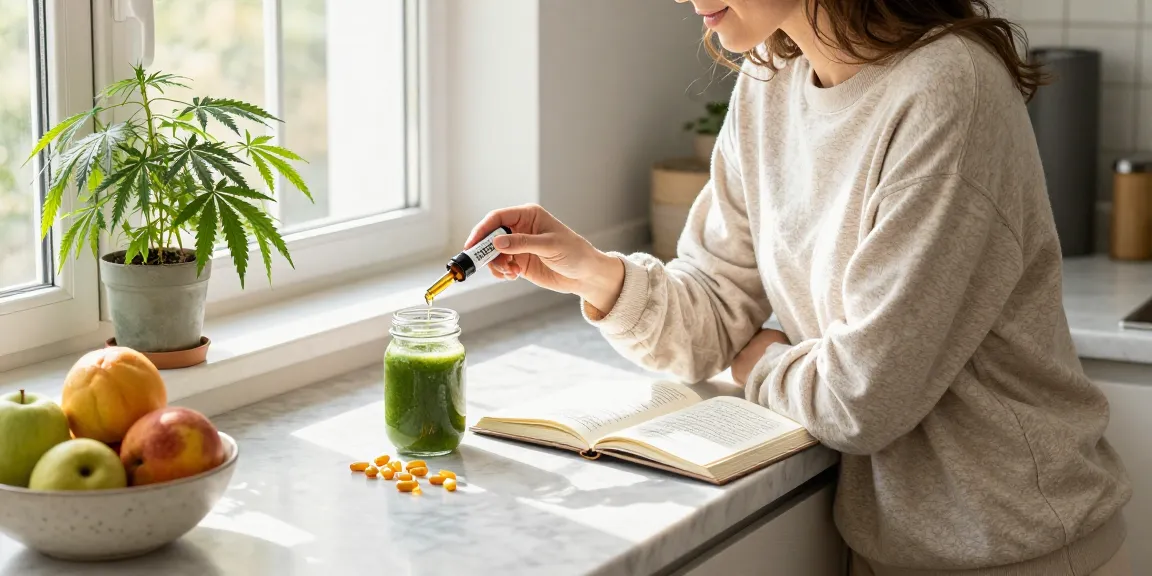 What is Hempworx CBD oil tincture, fresh ingredients, and natural wellness elements in a bright kitchen.