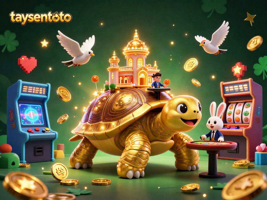 Experience taysentoto with a vibrant casino scene featuring a gold tortoise and lively game elements.