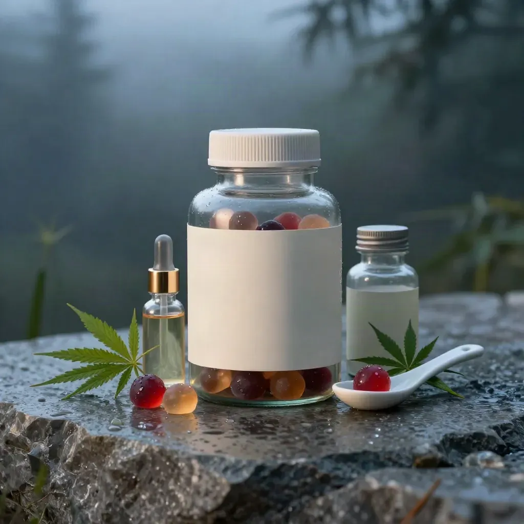 CBD sleep gummy jar with tinctures, softgels, spoon and hemp sprig on wet stone in blue-hour mist.