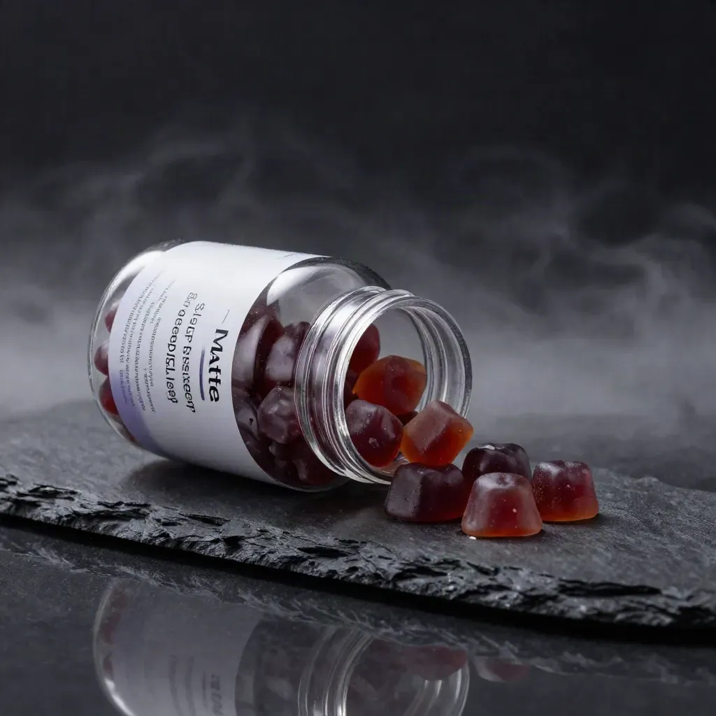 Matte jar of berry sleep gummies on wet slate with a few gummies beside it in cool mist