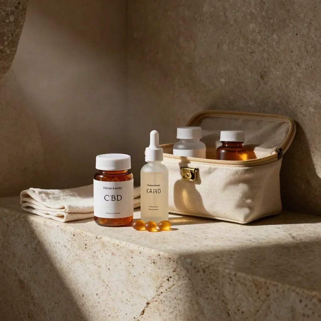 CBD bundle in a linen case with gummies, tincture, and softgels on travertine.