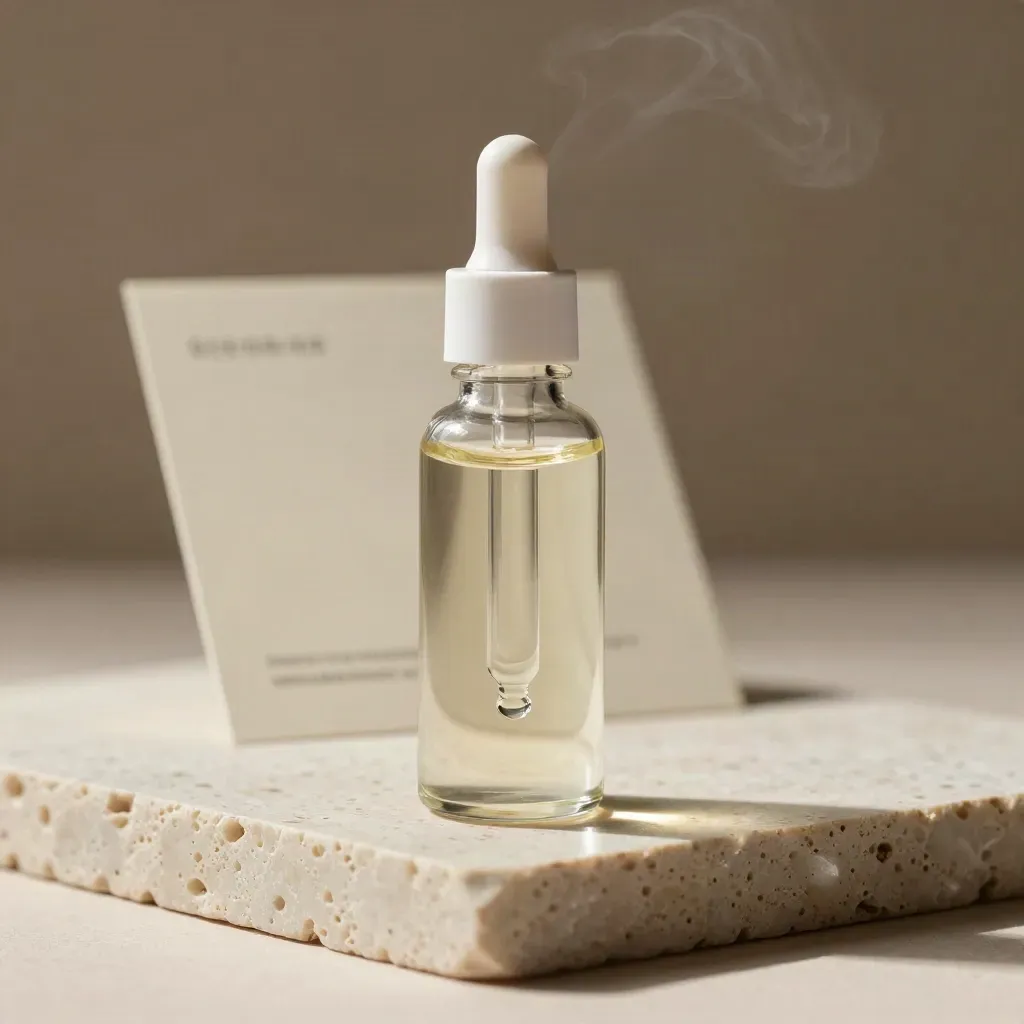 Clear glass peppermint tincture bottle in a cream stone niche with vapor and reflection