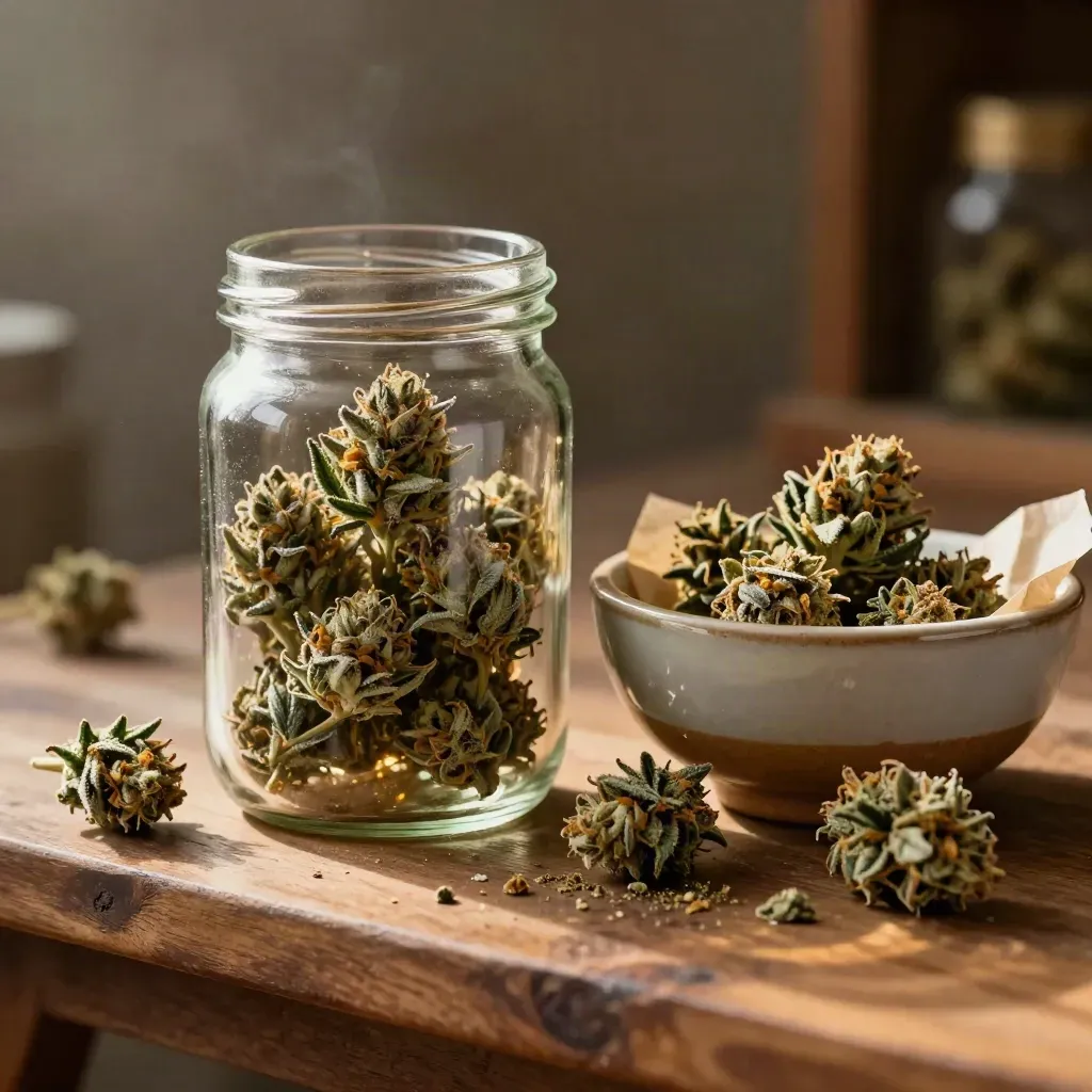 Clear hemp flower jar beside a ceramic bowl and wrapping paper in warm honey-gold light.