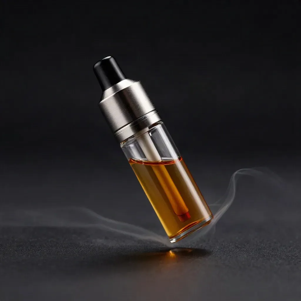 Blueberry vape cartridge floating above smoked glass with vapor and amber oil, in a dark studio.