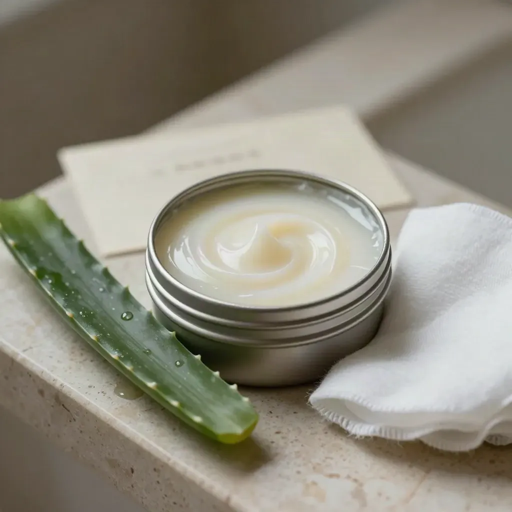 Open CBD salve tin with aloe leaf and cotton pad on travertine in cool haze