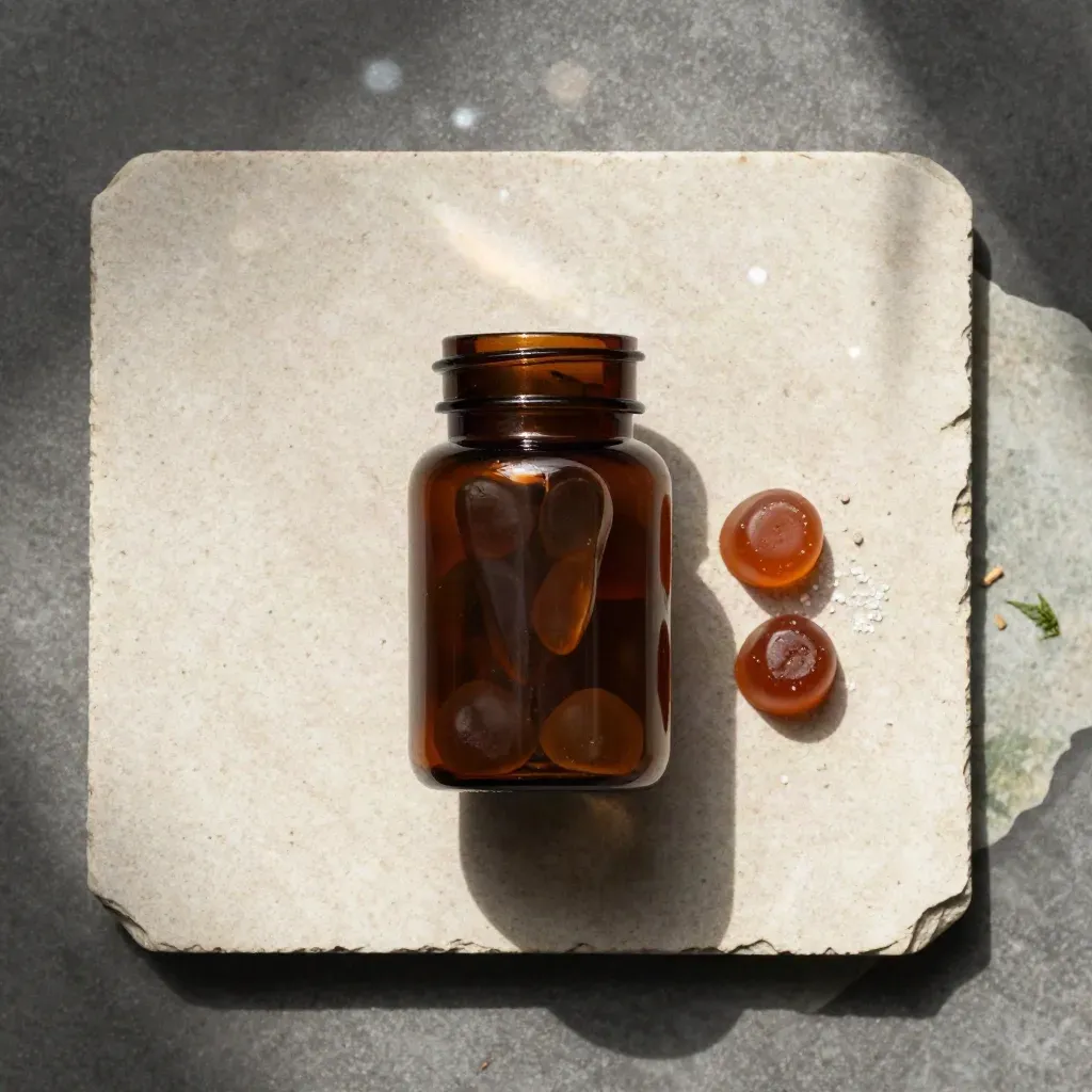 Overhead flatlay of a CBD gummy jar with two gummies, dried berry, and textured stone