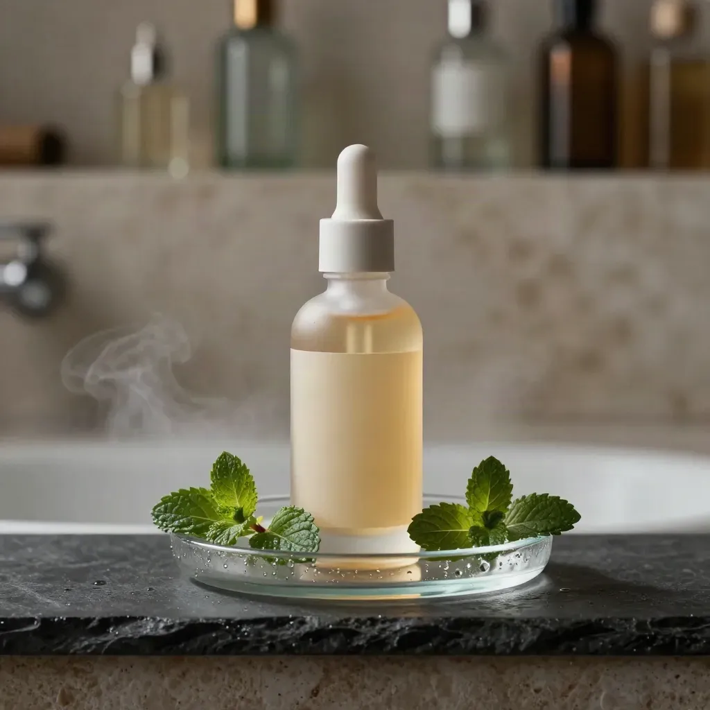 Tall tincture bottle on a glass tray with wet mint leaves in cool fog