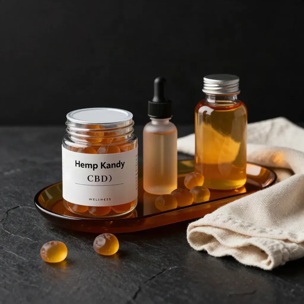Unbranded CBD gummies, tincture and softgels on black stone with honey-gold light