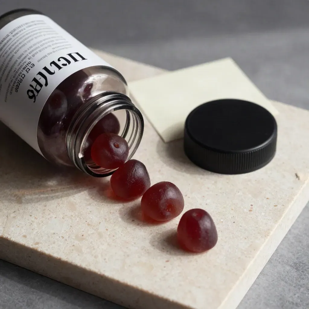 Open gummy jar with three berry gummies on pale stone, overhead product flatlay