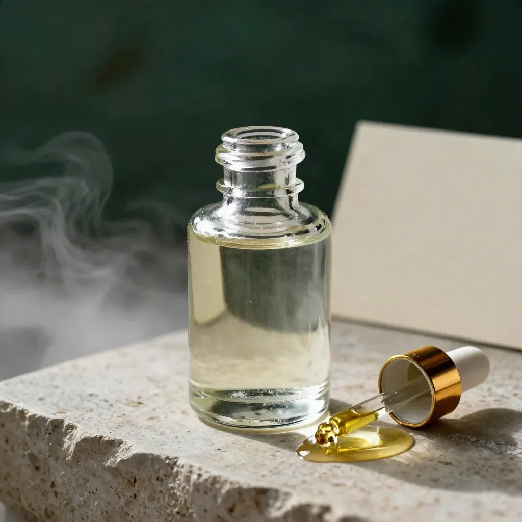 Unlabelled peppermint tincture bottle with uncapped dropper beside oil and mineral crystals.