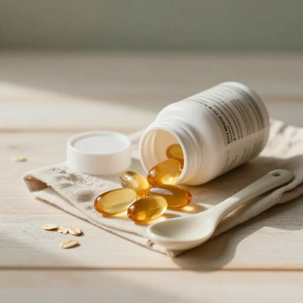 Unbranded softgels bottle with capsules, linen, and ceramic spoon on pale wood