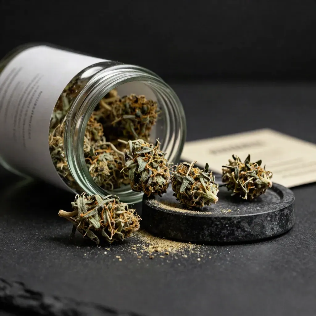 Open hemp flower jar spilling resinous buds from a dark stone dish on a charcoal surface.