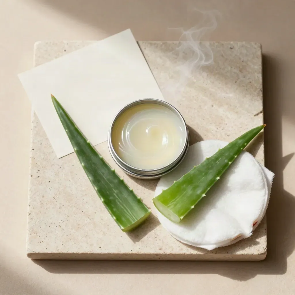 Overhead flatlay of an open aloe CBD salve tin with aloe leaf and cotton pad on stone.