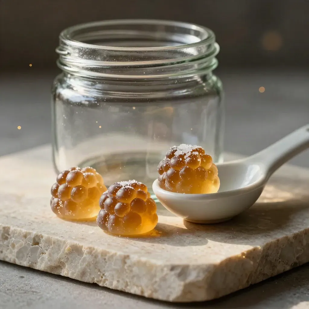 Macro glass jar of gummies with two candies beside a ceramic scoop on stone.