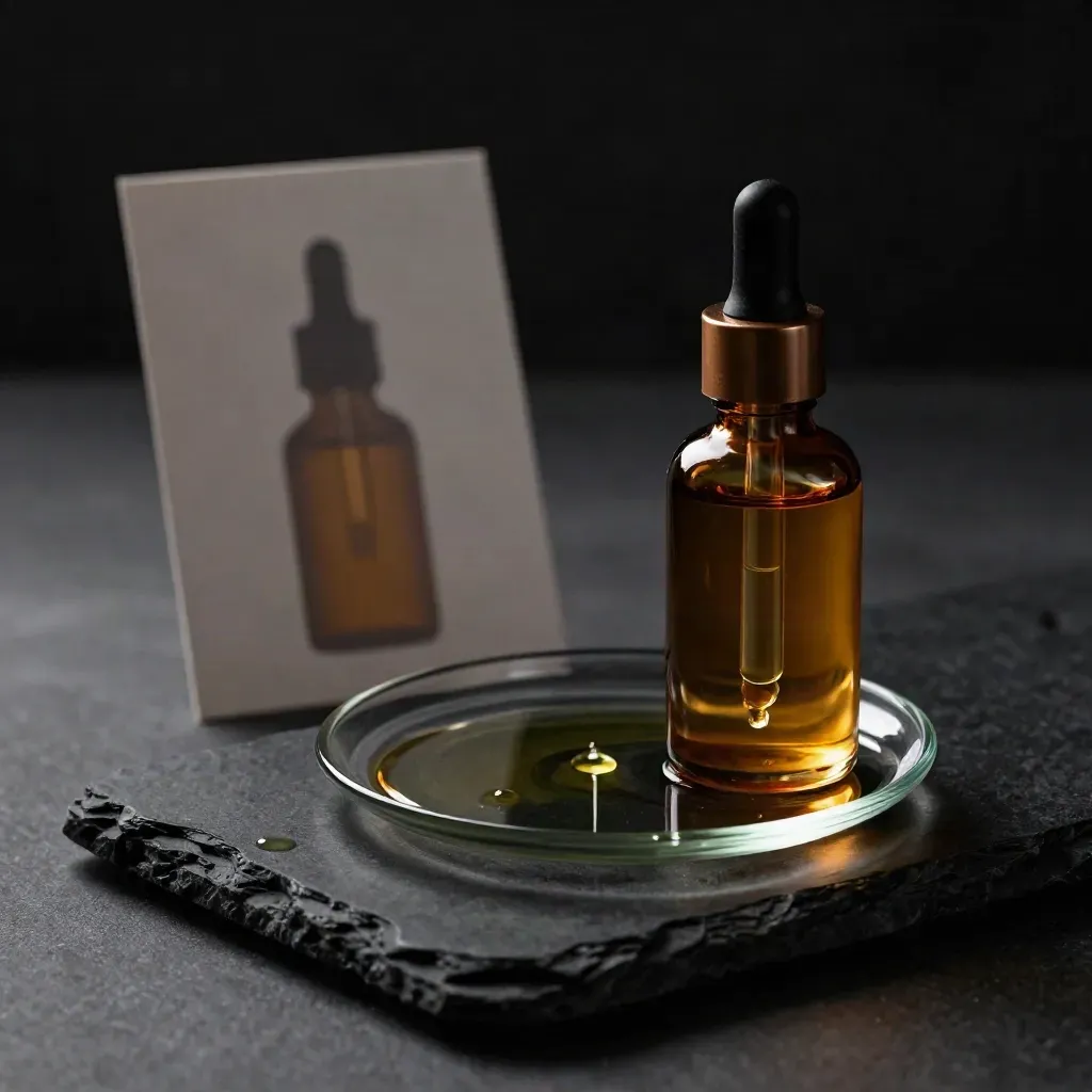 Amber CBD oil bottle dripping into a dark glass dish on black stone, dramatic low-key studio lighting.