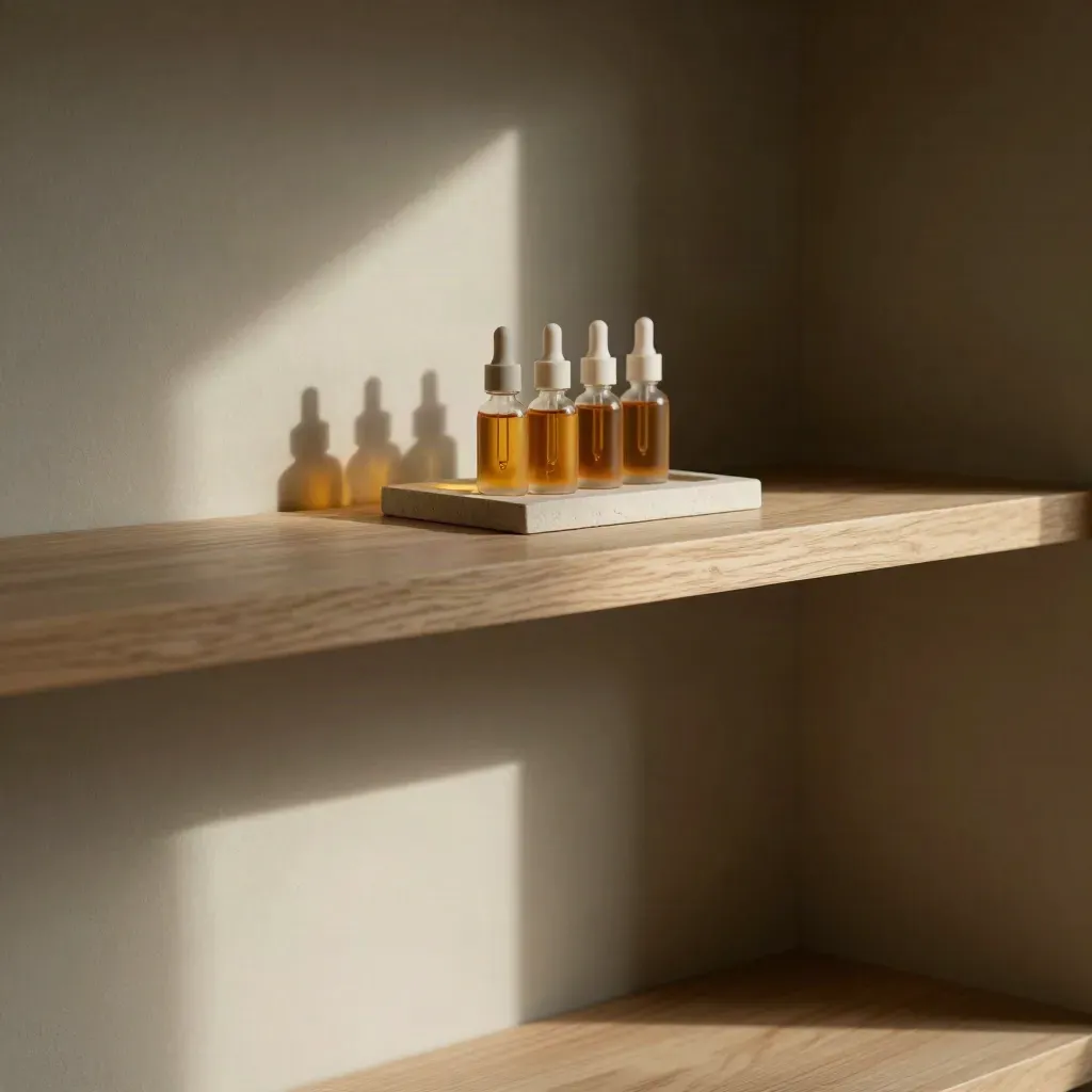 Amber tincture bottles on a warm oak shelf in soft afternoon light