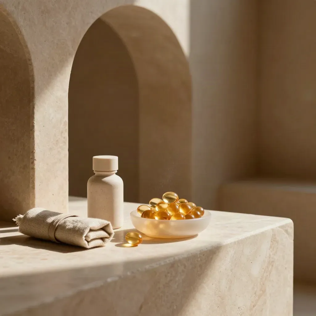 Amber softgels on travertine ledge in a sunlit cream architectural interior with calm copy space.