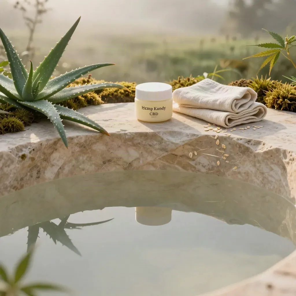 Misty stone basin with aloe leaves and balm jar above an open hazy meadow.