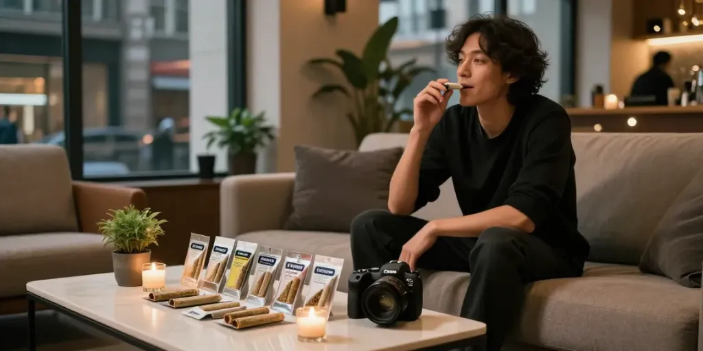Enjoying a relaxed moment with pre-rolled joints in stylish UK lounge, buy pre rolled joints uk featured.