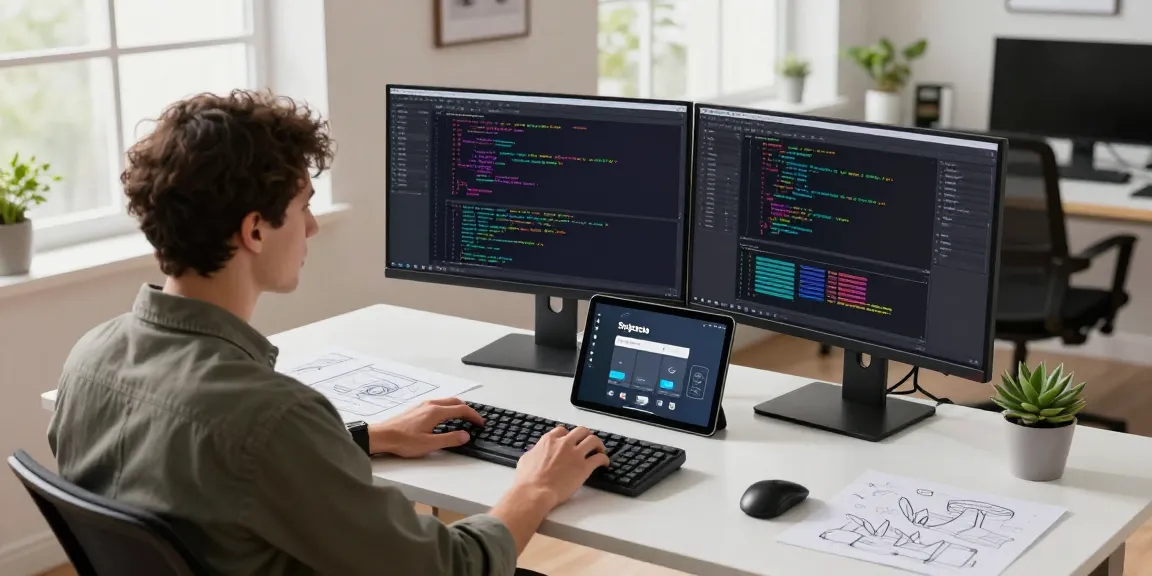 Interactive workspace showcasing 截图工具 in action on dual monitors, with a developer utilizing modern screenshot features.