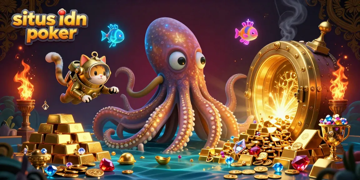 Experience thrilling action at situs idn poker with this vibrant illustration featuring a kraken, deep-sea fish, and treasure.