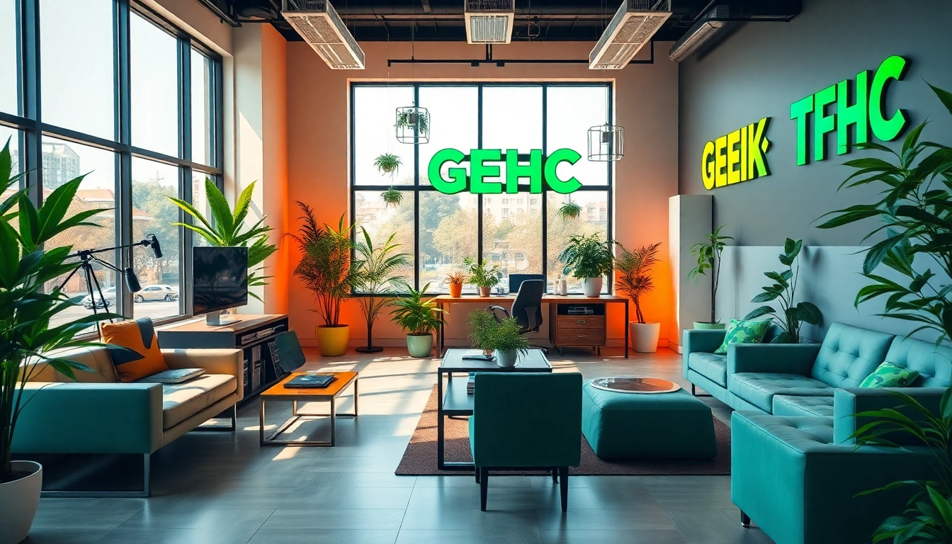 Revitalizing workspace with GEEK THC branding, natural light, and modern cannabis elements.