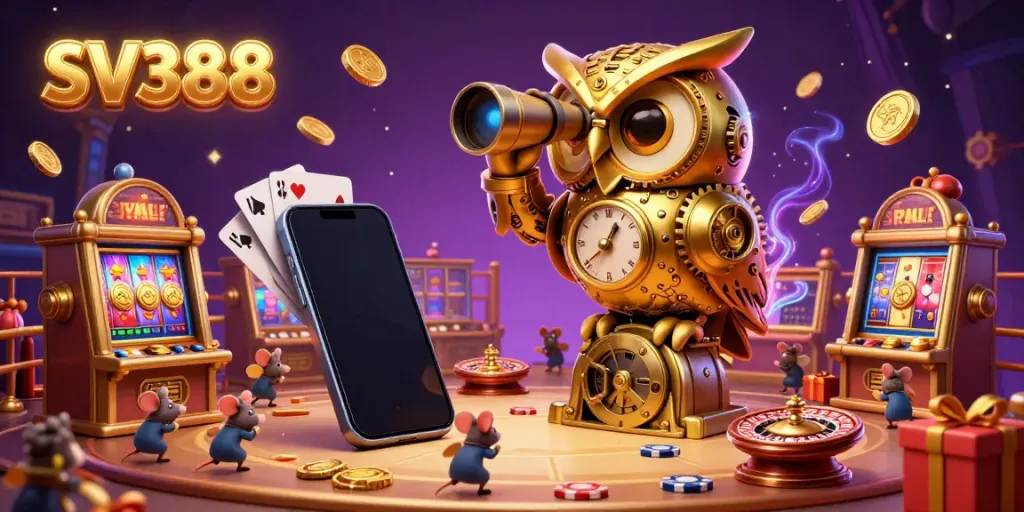 Experience SV388's thrilling cockfighting action in a vibrant casino scene featuring dynamic elements and colorful slot games.