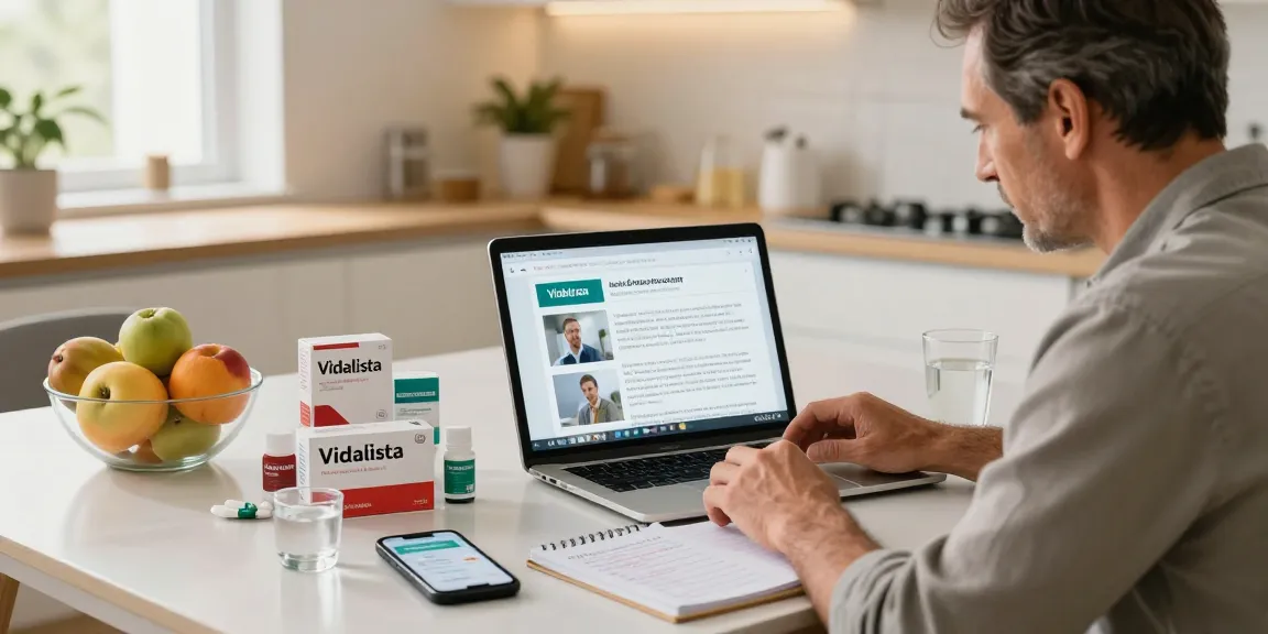 Man exploring Vidalista erectile dysfunction medication options on a laptop in a cozy kitchen setting.