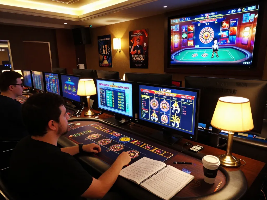 Engaging in LLWIN Function strategies while betting in an upscale online casino setting with multiple screens.
