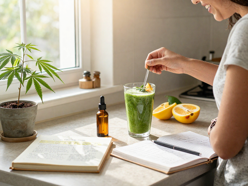 Buy edibles online with premium CBD products in a bright wellness kitchen featuring a CBD smoothie prep.