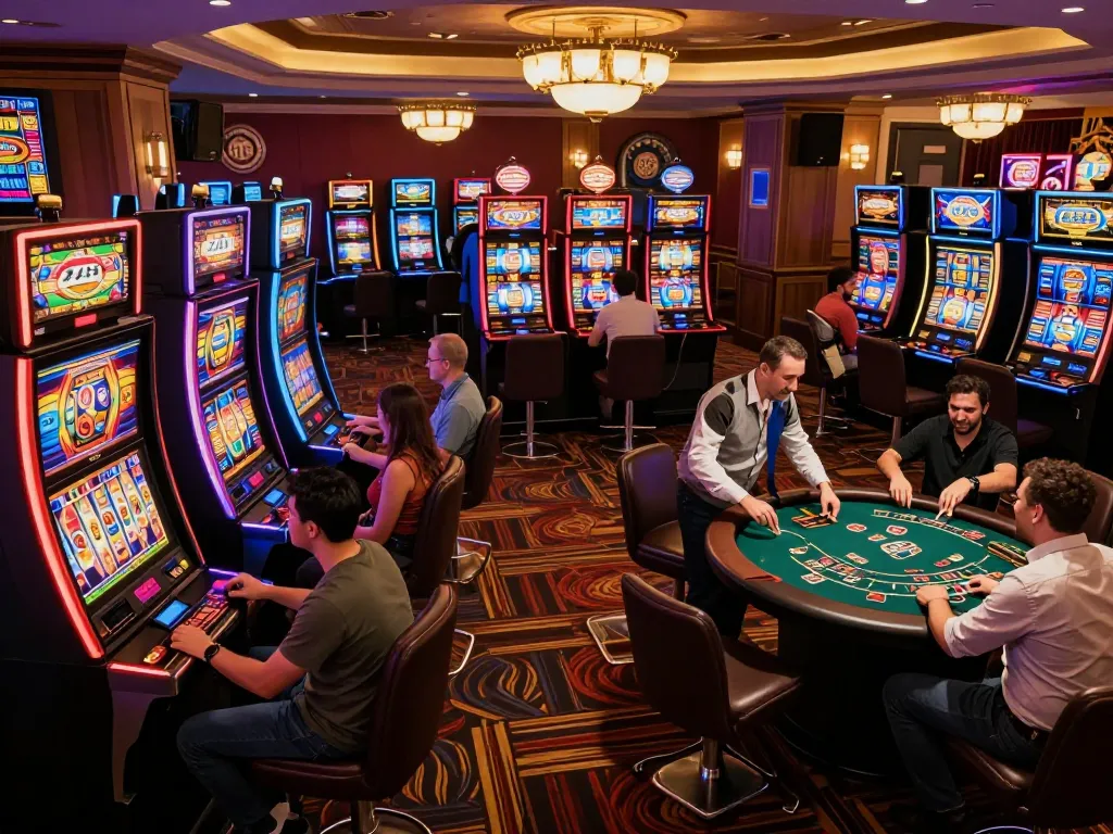 Engaged players at ZX88 casino spinning colorful slot machines and enjoying live blackjack gameplay.