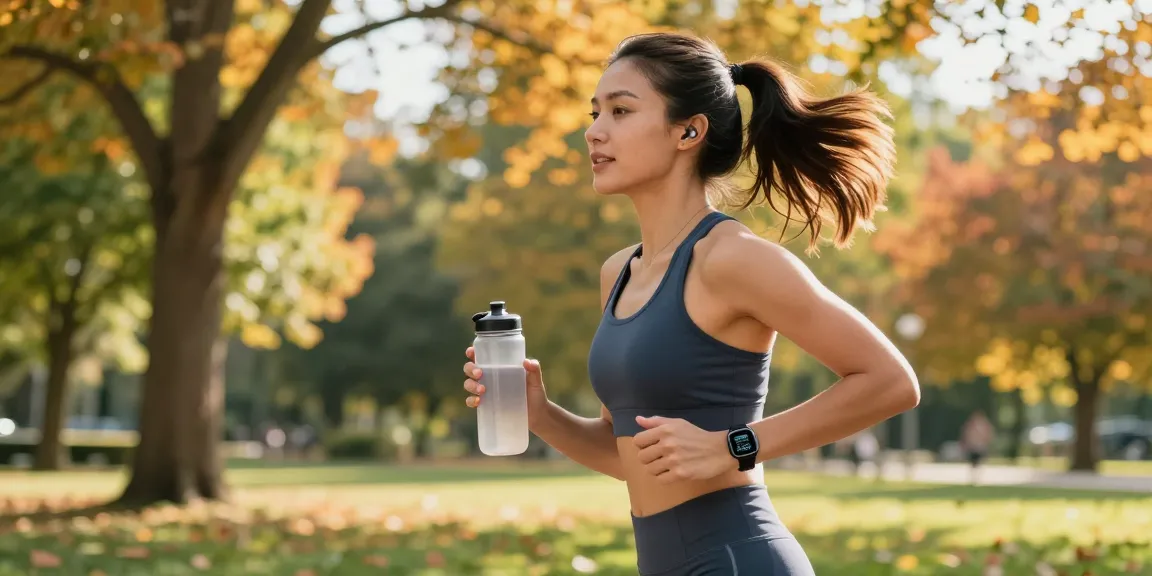Wanita menggunakan smartwatch saat jogging di taman, menampilkan gaya hidup sehat dan teknologi modern.