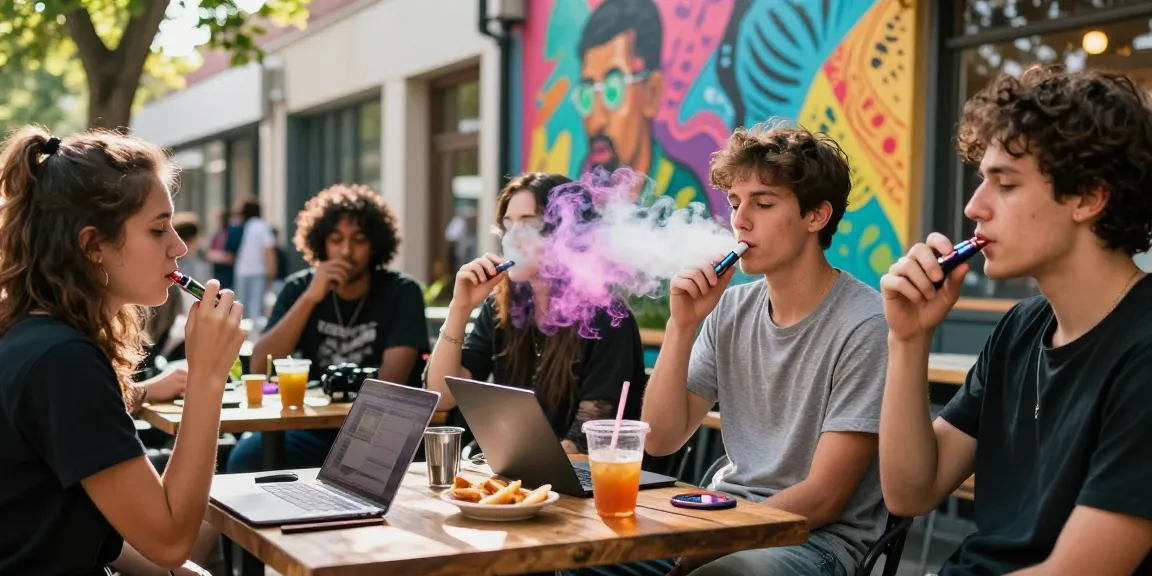 Vapes Spanien - Junge Erwachsene genießen Vapes in einem urbanen Café mit bunten Dampfwolken und trendiger Atmosphäre.